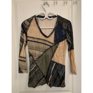 David Cline Crushed Knit V-Neck Top 3/4 Sleeve Boho‎ Art To Wear Patchwork USA